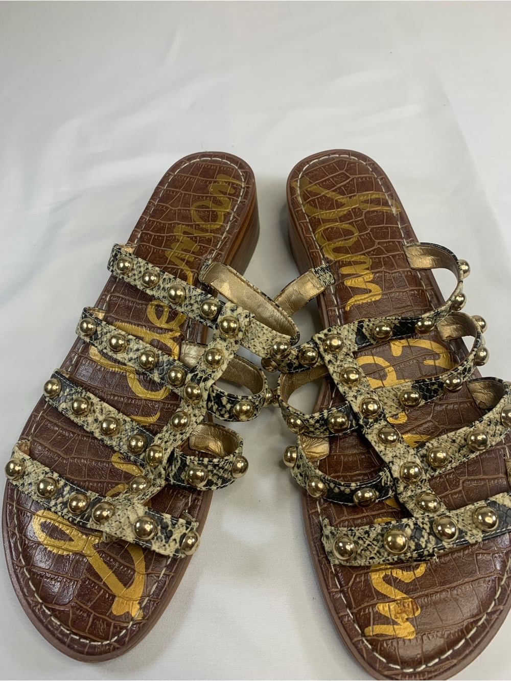 Sam Edelman Gold Snake-Print Studded Slide Sandals